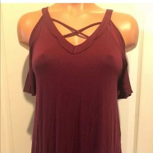 THREADS Burgundy Cold Shoulder V Neck Tank Top S